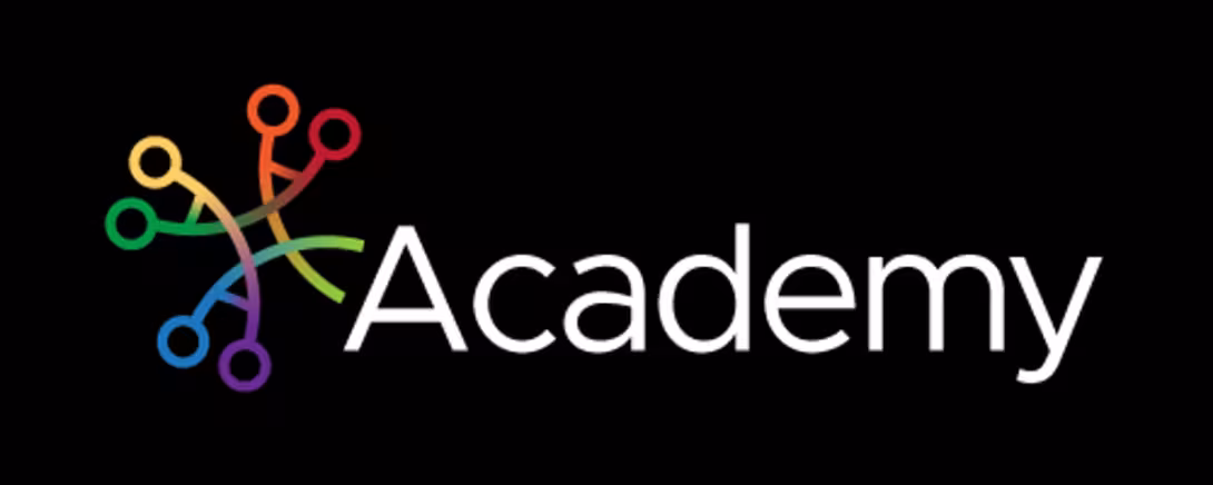 The logo for Academy. White letters spelling a large Academy on a black background. Attached to the capital A of Academy is a rainbow-colored symbol consisting of 3 interconnected A's like a clover, with 2 circles at the bottom of each A