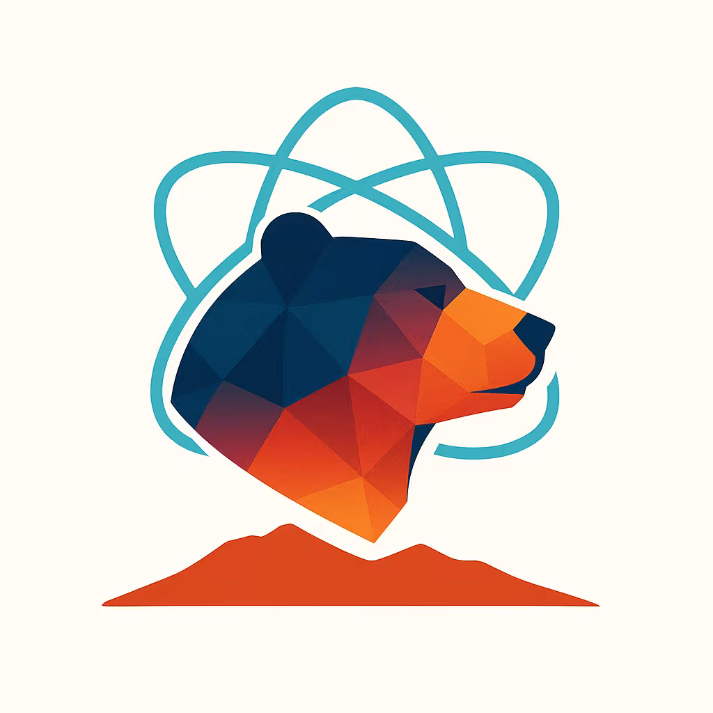 Image of a bear's head over a mountain silhouette, with an atomic model serving as the backdrop